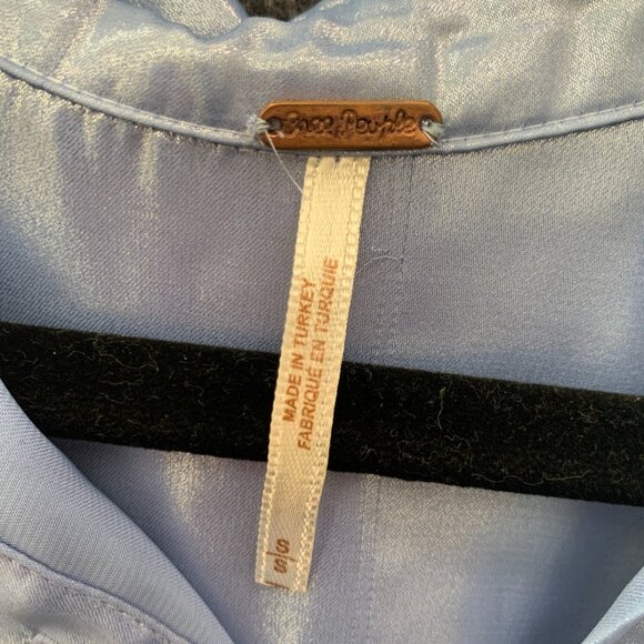 Free People Metallic Blue Satin Ruffle Blouse – Y2K, Office Siren, Size [S] - Picture 3 of 5